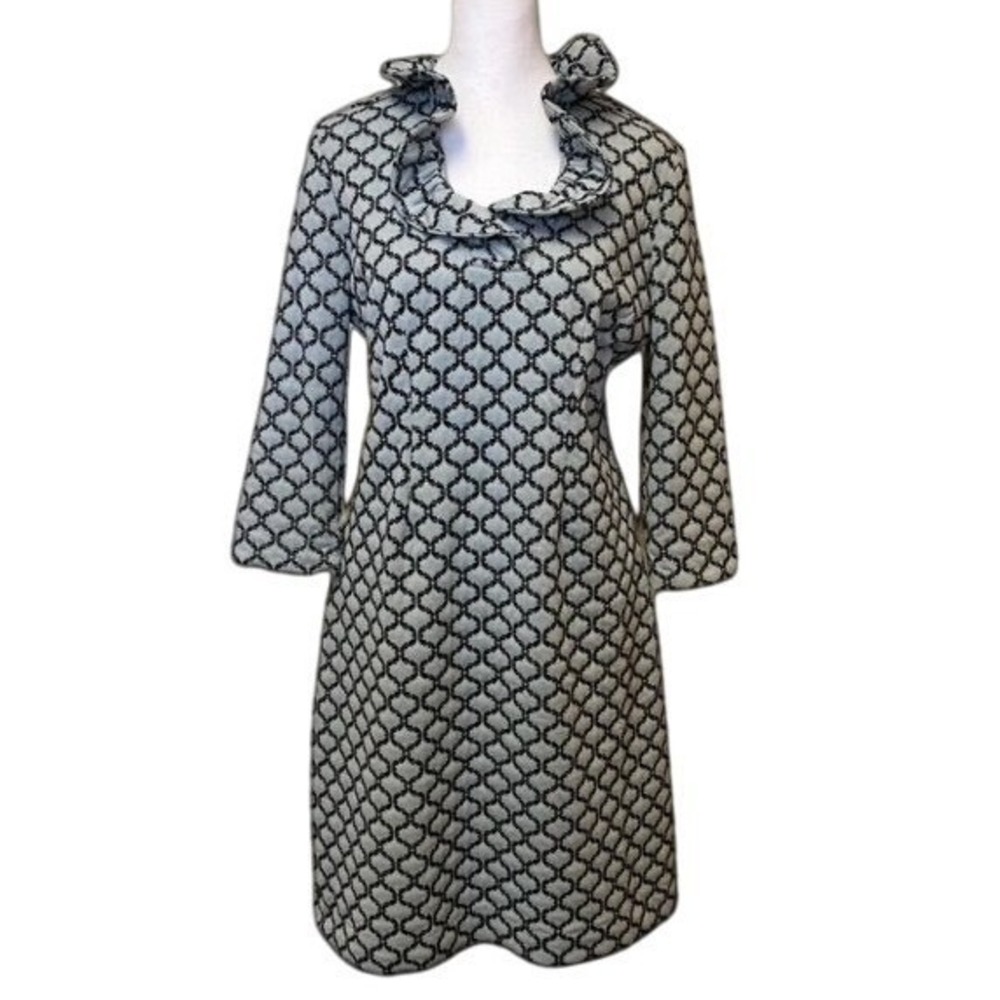 Tyler Boe Ruffle Neck Dress Blue‎ Geometric Print 3/4 Sleeve Career Size Medium